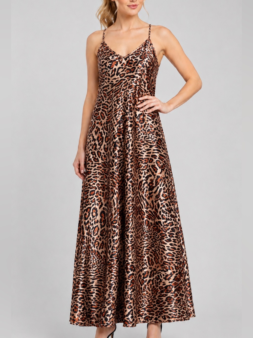 🆕🐆 Nicole Miller Leopard Print Halter Maxi Dress Size M Satin Party Evening Gown